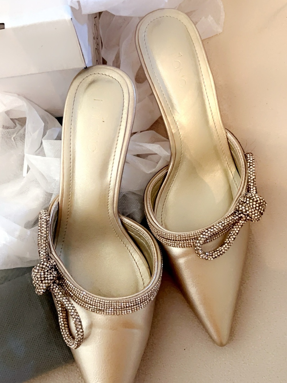 Milano Metallic Gold Pointed Slip-On Mules with Crystal Bow